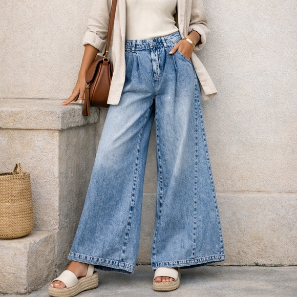Free People Denim - Free People Boho Equinox Denim Trouser Open Sky High Rise Super Wide Leg 27